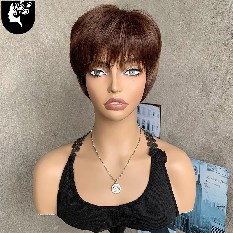 

Mixed Brown Burg Short Pixie Cut Wavy Hair Synthetic Wig With Bangs For Women Heat Resistant Fiber Natural Hair Mommy Daily Wigs