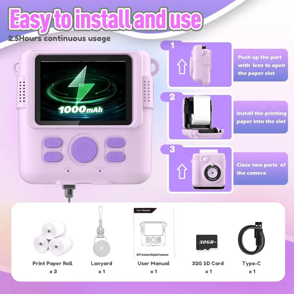 Kids' Instant Print Camera with HD Video and 32GB SD Card - Portable Toy