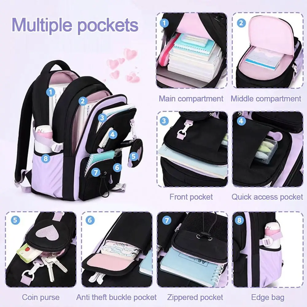 Casual Nylon Fabric School Bag Love Pattern Large Capacity Backpack Waterproof Lightweight Travel Knapsacks Teenagers 1