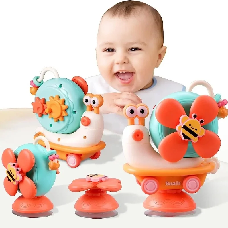 High Chair Toys Baby Rattles Snail Windmill Shape Toddler Bath Toy Rotatable Pullback Car removable Suction Cup Spinner Toys 3