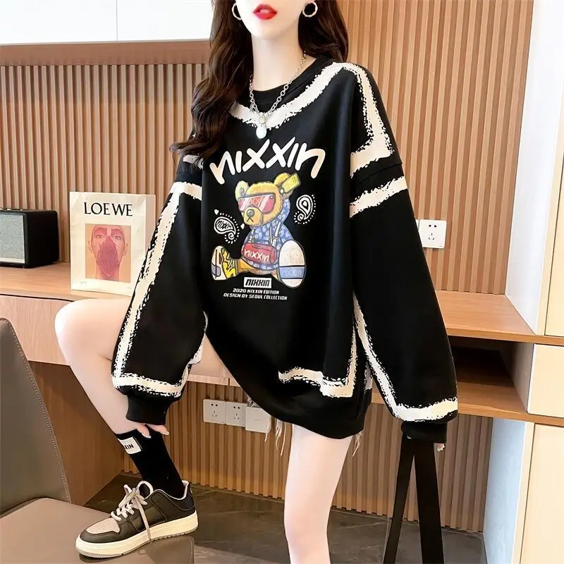 Fashion O-Neck Loose Printed Cartoon Sweatshirts Female Clothing 2023 Autumn Winter Oversized Casual Tops Korean Sweatshirts