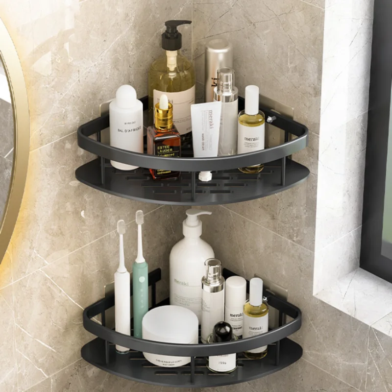 Rustproof Wall-Mounted Corner Shower Shelf with No-Drill Adhesive Design