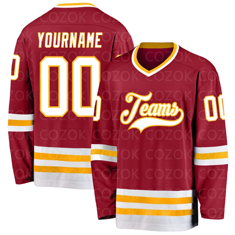 

Custom Red Gold Hockey 3D Print You Name Number Men Women Ice Hockey Jersey Competition Training Jerseys
