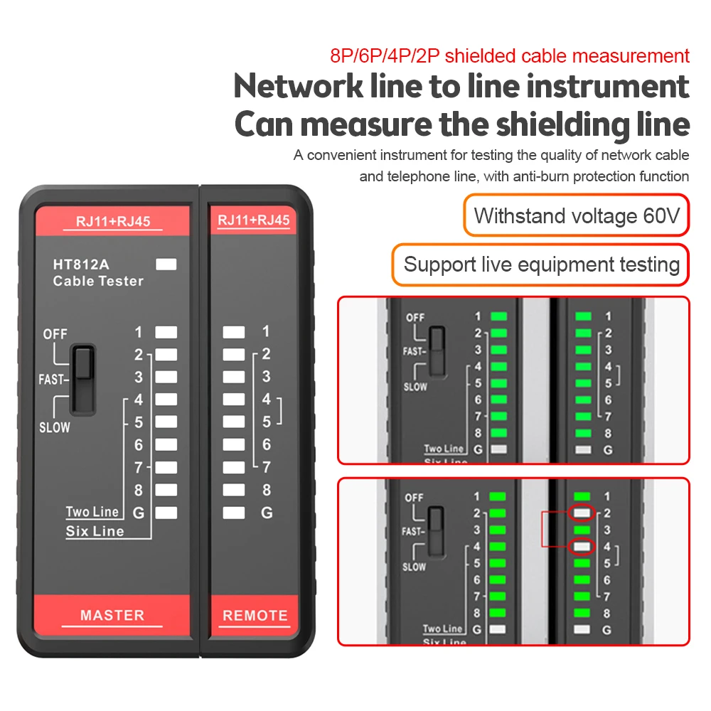 

HT812A Network Cable Tester HT812A UTP LAN Cable Finder RJ11 RJ45 Master And Remote Set Alignment Meter Line Tracker Detecter