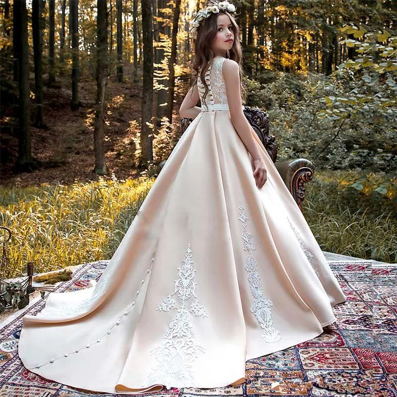 

Flower Girl Dresses Formal Lace Sleeveless Ball Gown O-neck Beading First Communion Dresses for Girls Vestidos Longo New Arriva