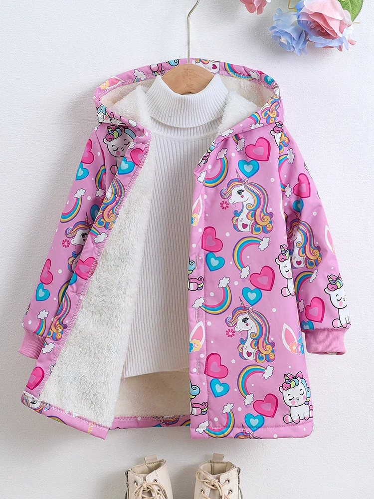 Girls Winter Coat Unicorn Heart Rainbow Print Jacket