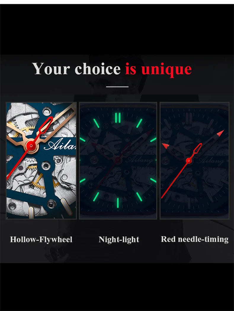 AILANG Top Skelett Quadrat Mechanesch Fir Männer Automatesch Handgelenk Waasserdicht Mesh Gürtel es_voghion.com