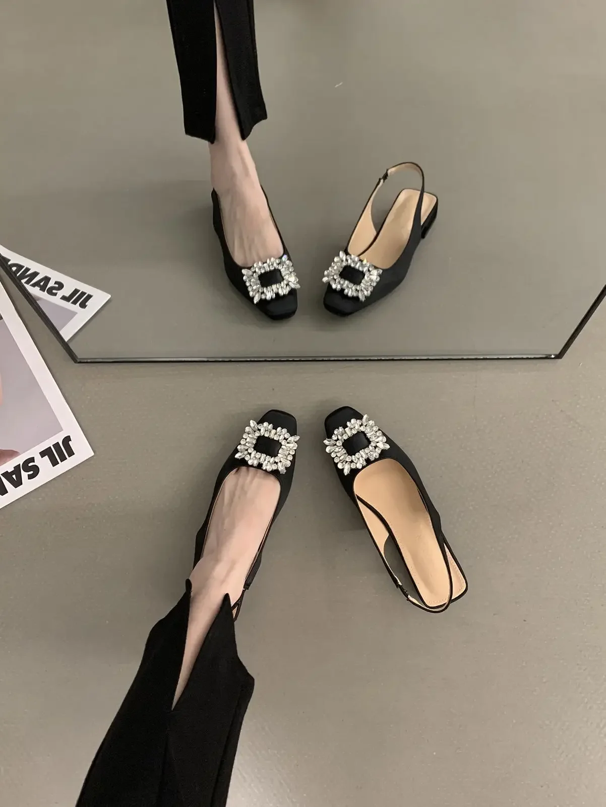 Rhinestone Women's Pumps Pointed Toe Slingback Thin-heeled Female Sandals New Fashion Crystal Shallow Mouth Ladies Shoes