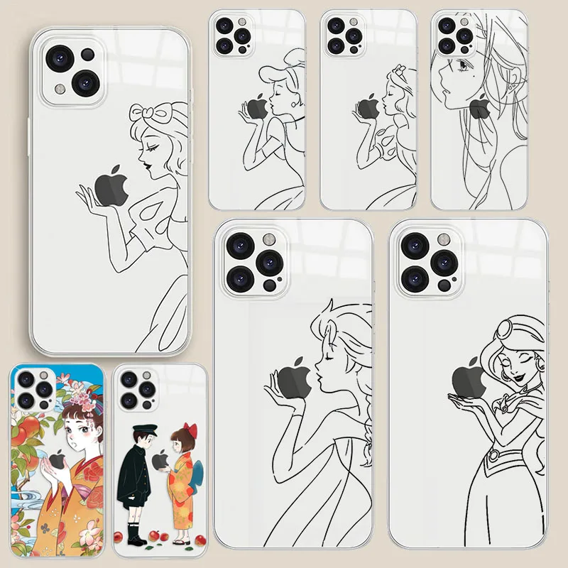 Line Creative Princess Eat Apples Phone Case for IPhone 11 12 13 Mini Pro Max Clear Transparent Soft TPU White Snow |