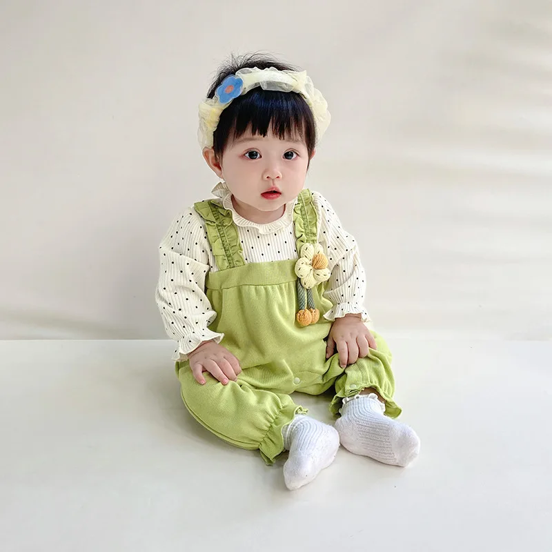 

2023 Kids Girl Cotton Rompers for Autumn Infants Flowers Appliques Fake Two Piece Partysu Bodysuit Children Korean Jumpsuits