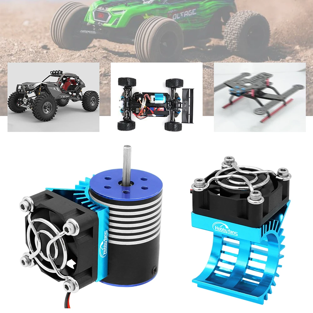 Ensemble radiateur et ventilateur pour moteur RC, vu de côté, dissipateur thermique à ailettes