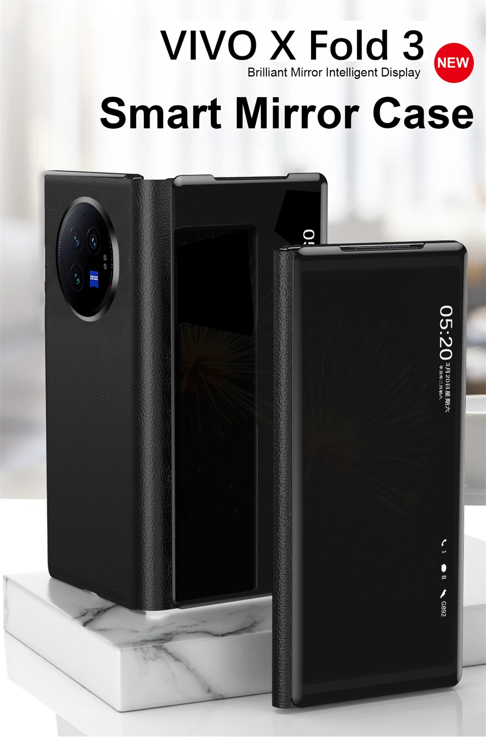Étui à rabat smart mirror de luxe pour vivo x fold3 avec support_voghion.com