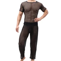 Sexy Transparent Men Undershirts Sets See Through Short Sleeve T Shirts Long Pants Underwear Pajamas Sleepwear Men's Clothes Set