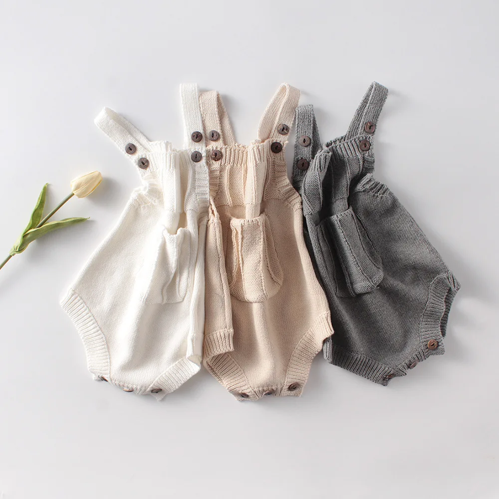 

Bodysuits Baby Clothing Knitting Woolen Yarn Jumpsuits Striped Soild Versatile Style New Autumn Season Pocket Soft