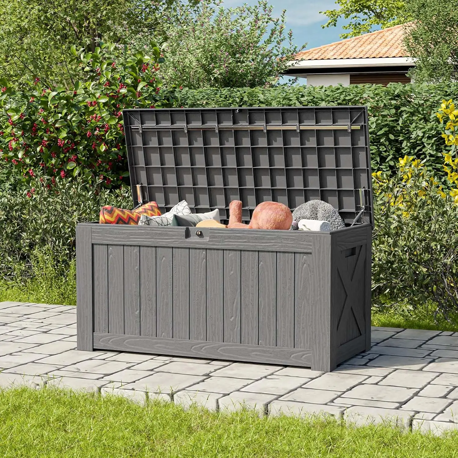 120 Gallon Large Deck Box, Outdoor Lockable Storage Box for Gardening Tools, Waterproof Deck Box for Patio Furniture, 3