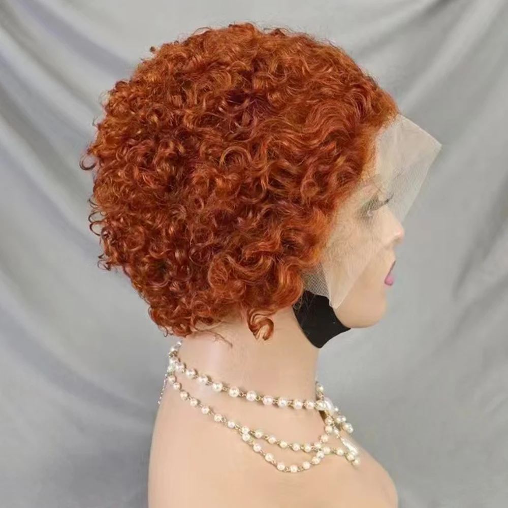 Short Bouncy Curly Pixie Cut Human Hair Wig Ginger 350# Color 180 Density 13x4 Transparent Lace Frontal Hair Wig for Black Women