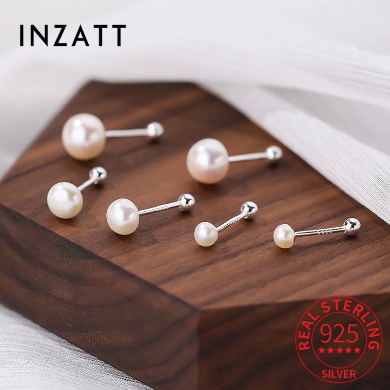 

INZATT Real 925 Sterling Silver Round Pearl Bead Stud Earrings For Fashion Women Classic Fine Jewelry Minimalist Accessories