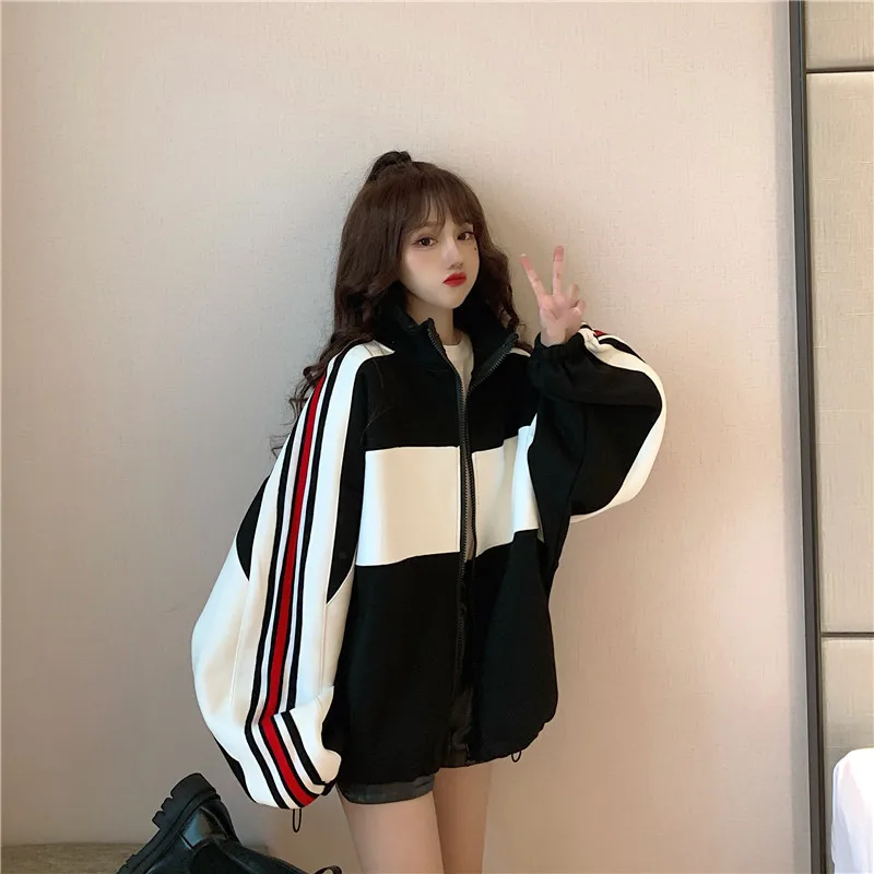 Zip Up Hoodie for Women Contrast Color Student Jackets Tops Raglan Sleeve Sweatshirt with Pocket Plus Velvet Hoodies Coats Loose