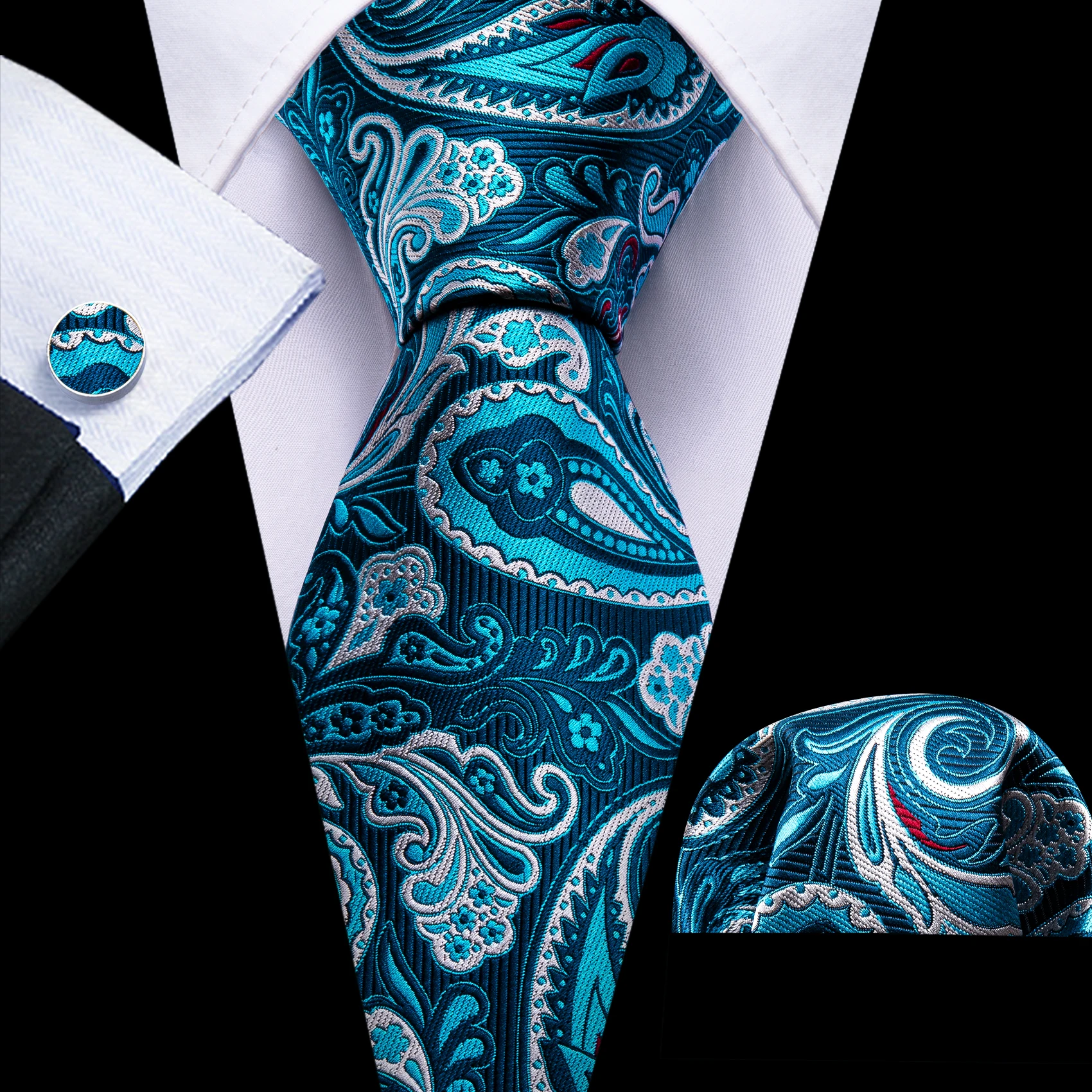 Designer Silk Men Tie Set Blue Teal Green Necktie Handkerchief Cufflinks Wedding Business Gift Dropship Barry. Wang A-5981