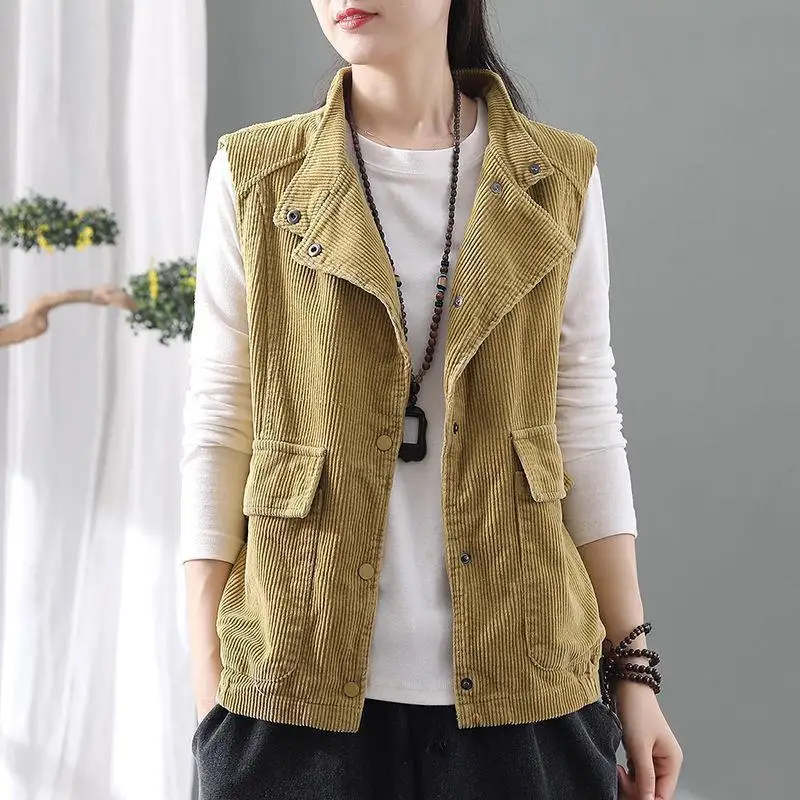 Big Size Vintage Corduroy Cardigan Vest Women Clothing Coat Sleeveless Tops Single-breasted Pockets Korean Fashion Jacket New