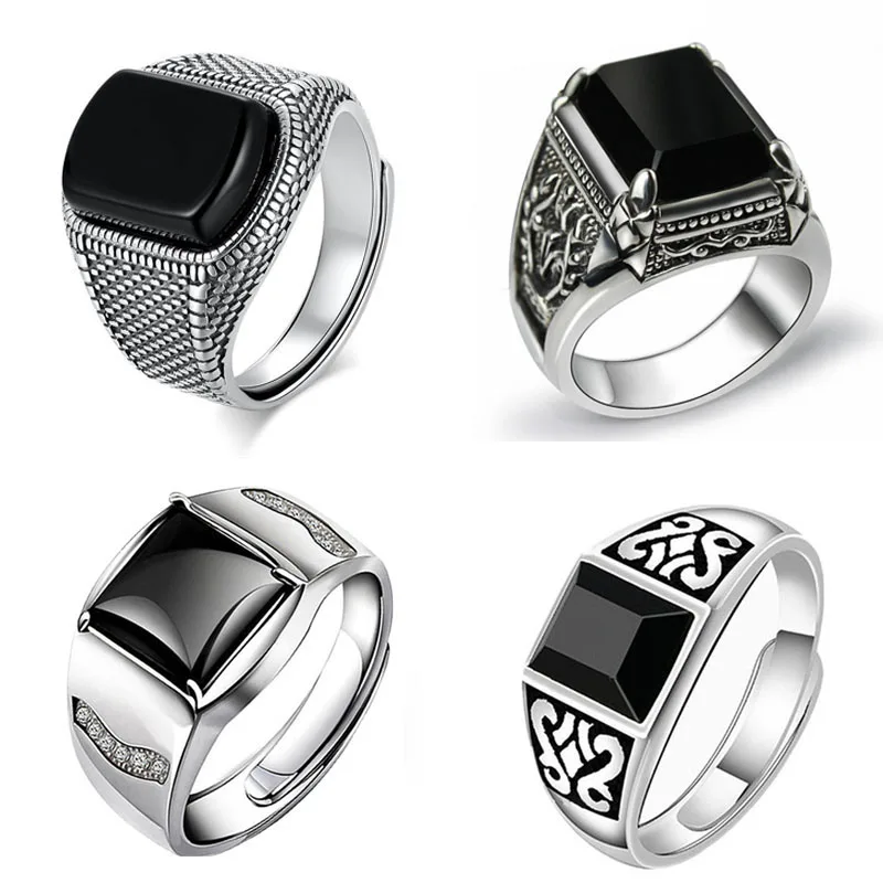 Silver Gemstone Ring New silver geometric diamond inlaid black agate gemstone men's lady adjustable ring