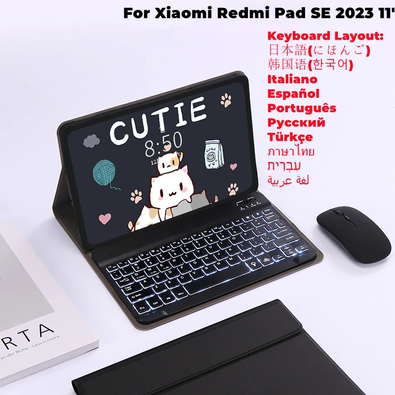 Capa de Teclado Retroiluminado para Xiaomi Redmi Pad se Mouse Bluetooth sem Fio Espanhol Português Coreano Stand 11 2023