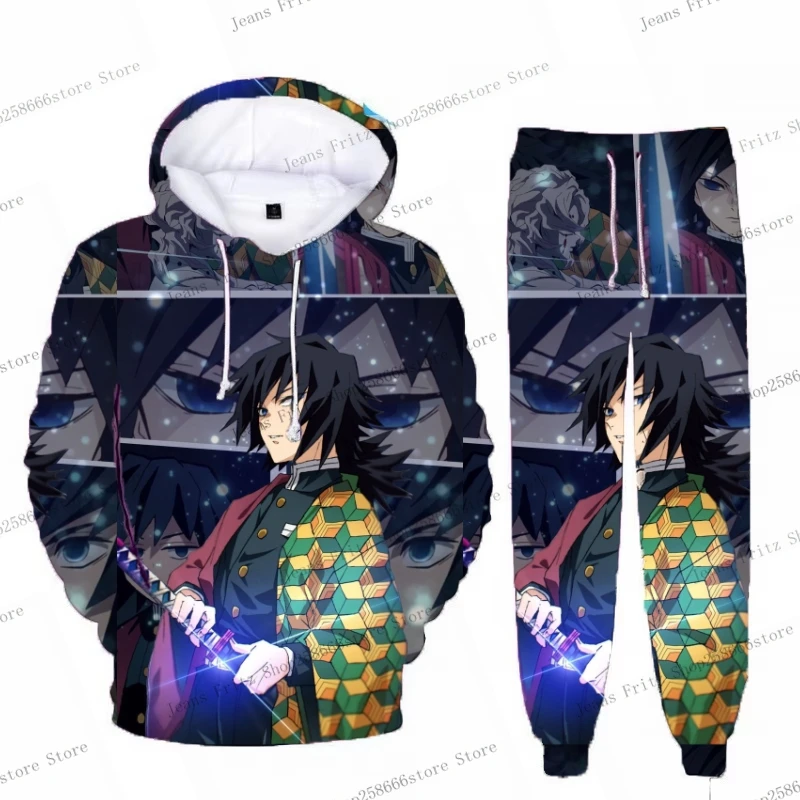 Anime Demon Slayer Hoodies 3D Printing Cosplay pants+Hoodie 2PCS Set Tracksuit Men Women Oversize Streetwear Hoodie Pants Sets 2