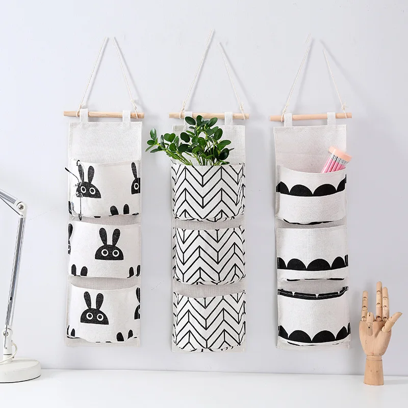 

3 Pockets Cute Wall Mounted Storage Bag Closet Organizer Clothes Hanging Storage Bag Children Room Pouch Home Decor
