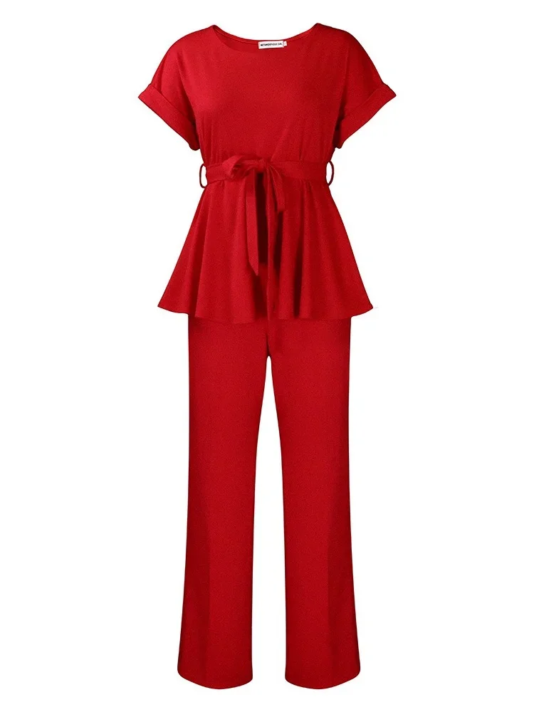 Wmstar Two Piece Set Women S-3XL Summer Solid Short Sleeve Top  Wide Leg Pants Tracksuits Wholesale Drop Shipping with Bandage