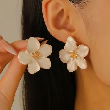 925 Silver Needle Korean Fashion Dripping Oil Flower Earrings For Women Jewelry 2025 Trending White Green Flowers Stud Earrings