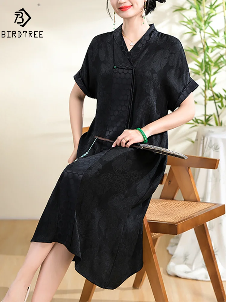 

BirdTree 100%Mulberry Silk Retro Dresses, Women's XiangYunSha Jacquard, Chinese Loose Large Mom Dress, 2024 Summer New D44435QM