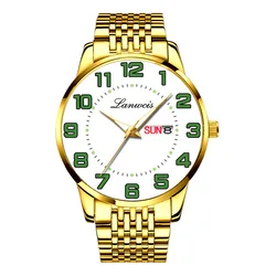 Men's Large Dial Gold Black Waterproof Digital Watch with Solid Steel Strap and Dual Calendar (Gold white)
