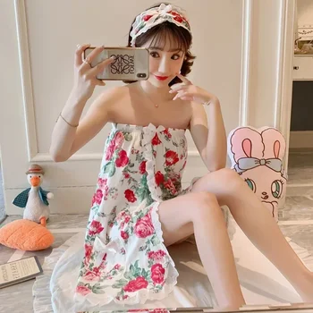 2025 Estate Sexy Lace Wrap Petto Asciugamano da bagno Vestaglie per le donne Stampa di cotone Carino Indumenti da notte Tubo Top Accappatoio Camicie da notte Abito da notte 1