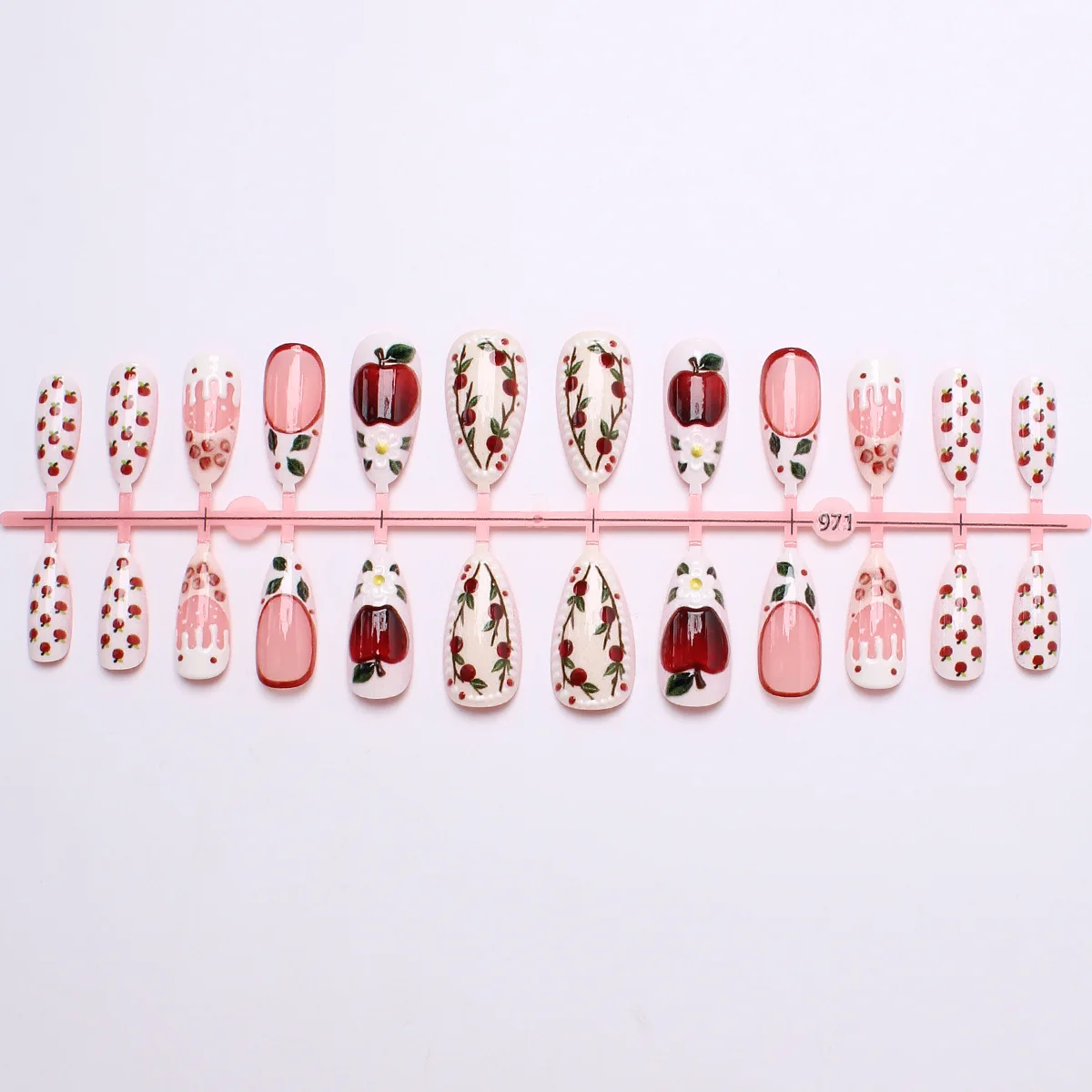 24개입 스위트 쿨 아몬드 인조 손톱 체리 애플 엠보싱 네일 아트 유럽 미국 고급 수제 프린트 프레스온 네일