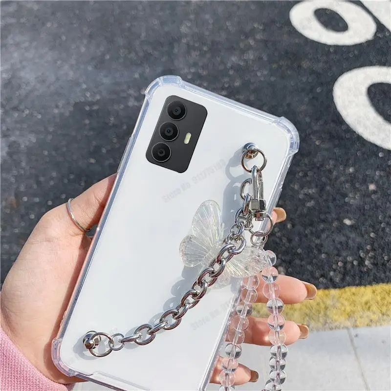 Elegant 3D Crystal Butterfly Bracelet Wriststrap Case - Soft Transparent Shockproof Cover