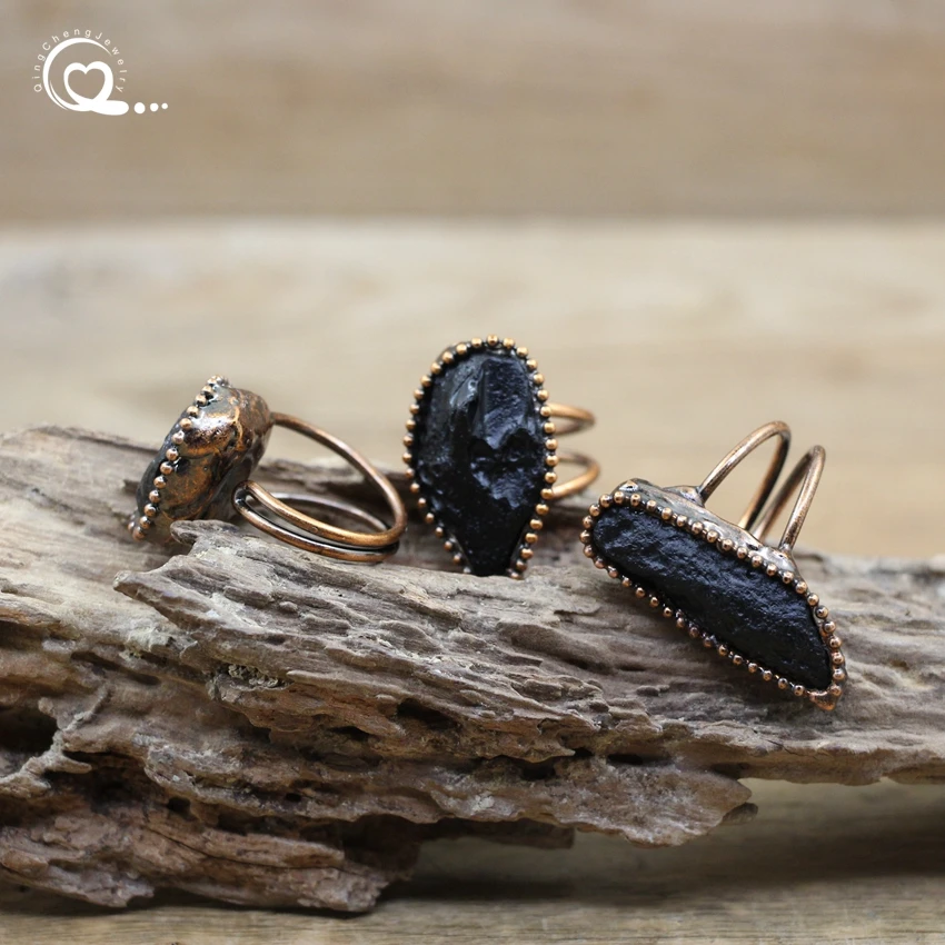 Bagues en cuivre Antique Tourmaline noire brute, anneau de doigt