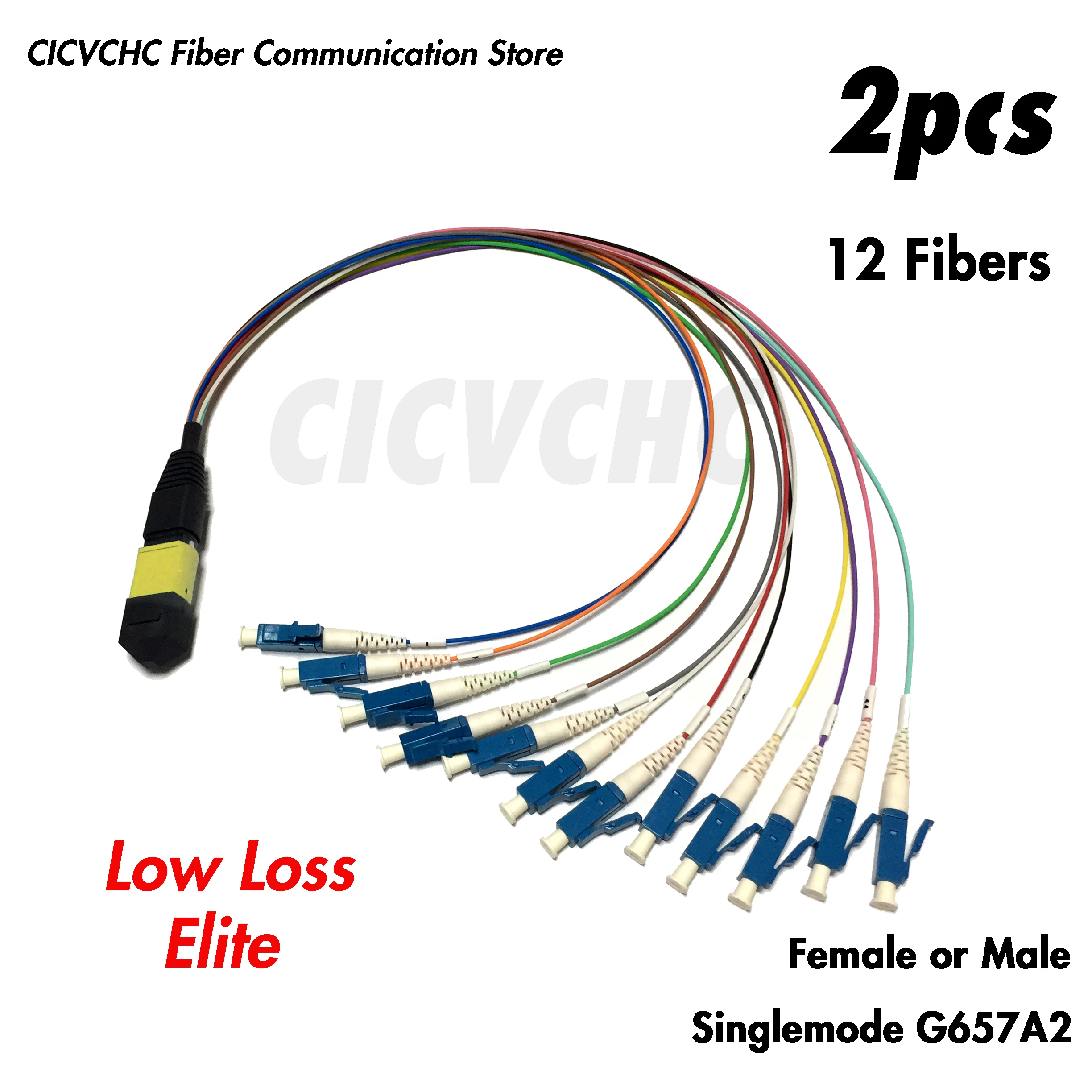 2pcs 12Fibers MPO/APC - LC/UPC-Harness cable-SM G657A2-0.35m 0.9mm colored tube-Elite/Low Loss-Male/Female 2pcs 24 fibers mpo upc sc upc harness cable mm om4 elite low loss male female 0 35m