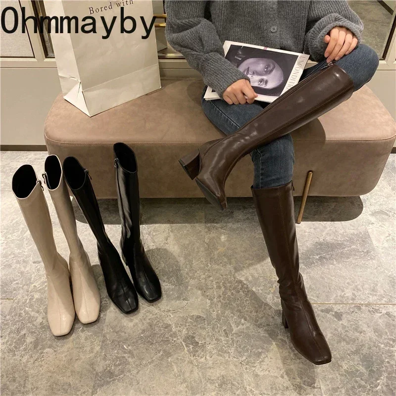 

Slim Woman Knight Knee-high Boots Square 6CM Heel Ladies Zippers Fashion Soft Leather Winter Long Boots 2024 Shoes For Women