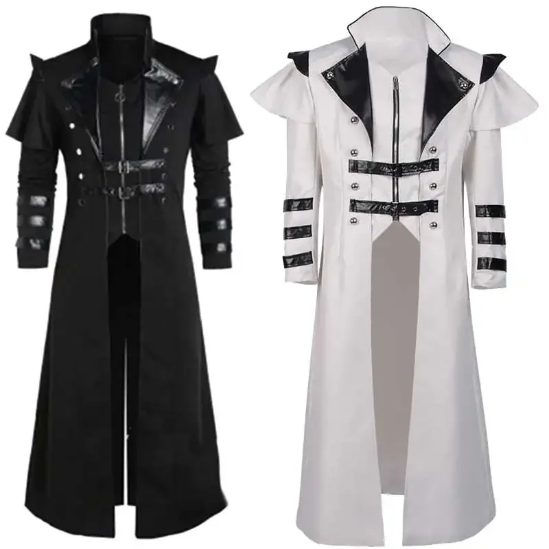 

Men's Steampunk Gothic Long Trench Coat Jacket Double Breasted Zipper Punk Tops Cosplay Medieval Costume Black