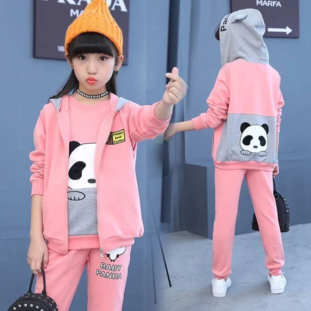 

2023 Spring Autumn Girls' Baby Panda Sets 3PCS Hooded Jacket Long Sleeve Top Loose Pants Fashionable Causal 5-12 Years Old