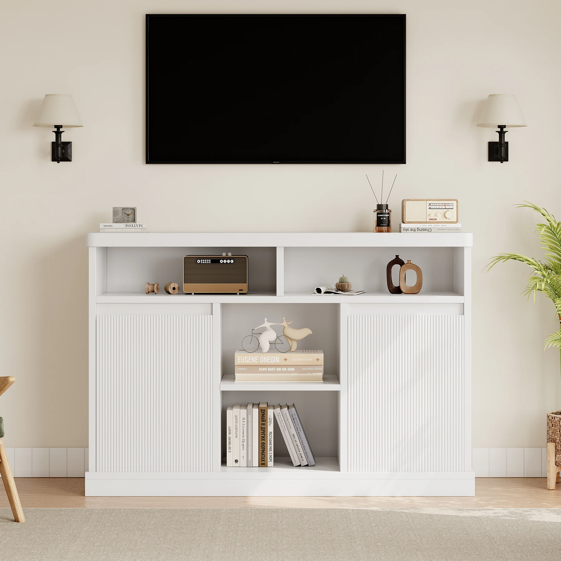 Sideboard Buffet Storage Cabinet with Fluted Doors, White Modern 47" Coffee Bar Cabinet for Living Room, Dining Room, Kitchen