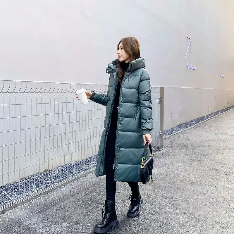 Women 2023 New Down Cotton Coat Long Knee Length Shiny Korean Version Loose Solid Color with Zipper Button Joker Age Reduction