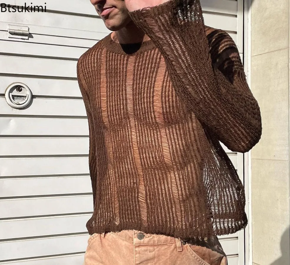 2026 Herren Langarm-Strick-Mesh-T-Shirts – Sexy, ausgehöhlte Streetwear für Herren, lockere Freizeit-O-Neck-Pullover, Frühlings-Unterziehoberteile