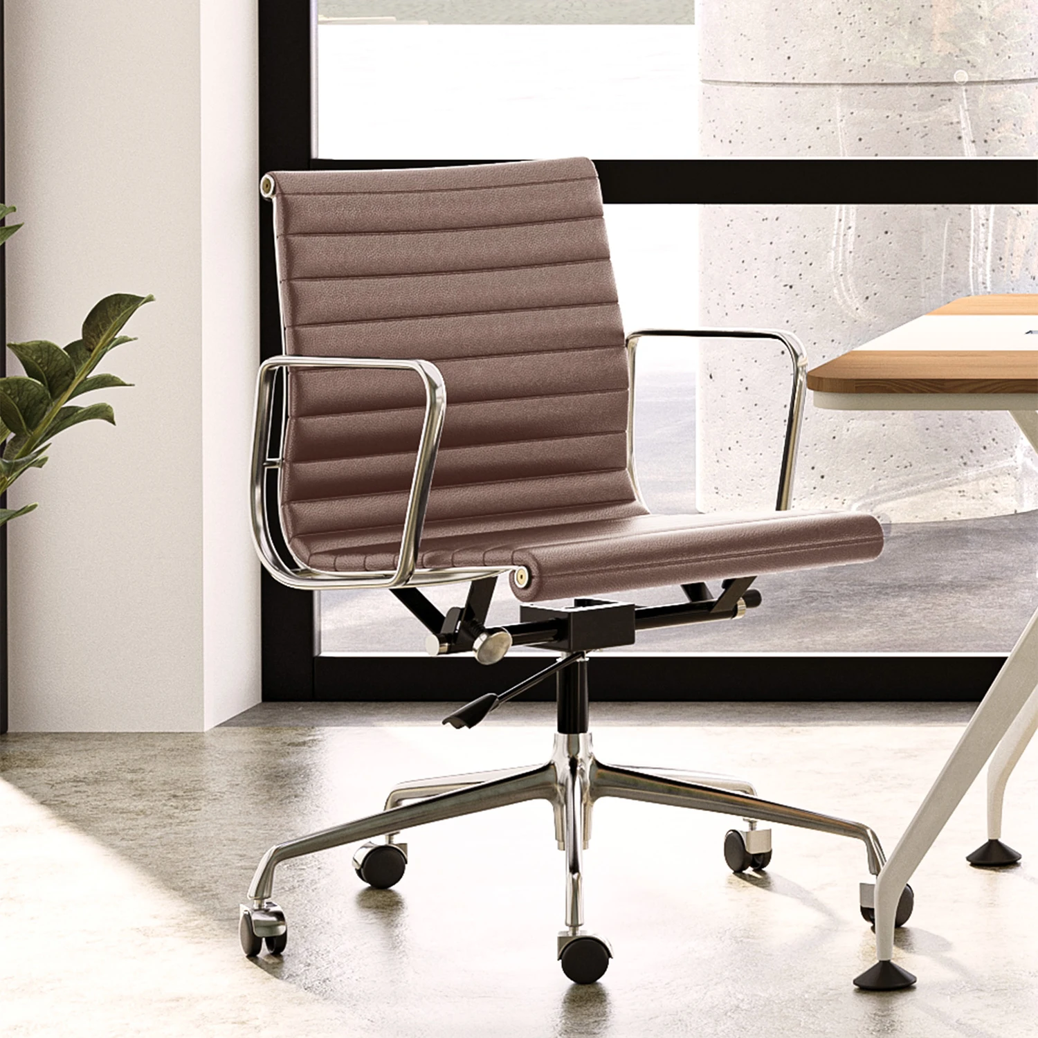 Low Back Brown Ribbed Genuine Leather Office Chair with Aluminium Alloy Frame Swivel Computer Chair 6