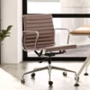 Low Back Brown Ribbed Genuine Leather Office Chair with Aluminium Alloy Frame Swivel Computer Chair 6