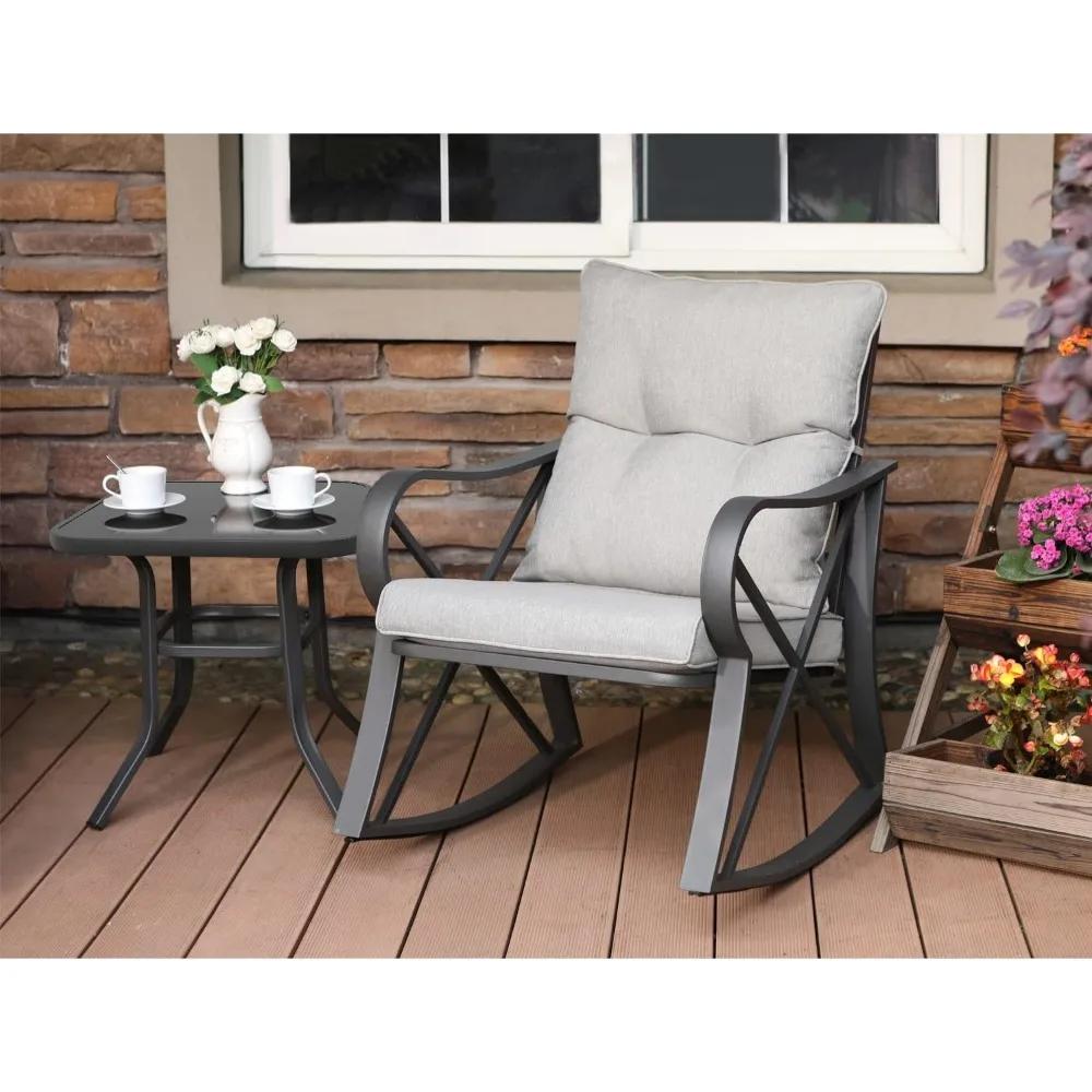 3 Piece Bistro Set Patio Rocking Chairs Outdoor Furniture w Warm Gray Cushions, Glass-Top Table for Garden, Pool, Backya 5