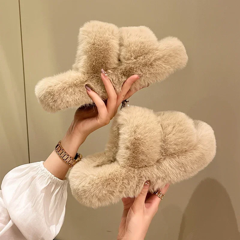 Winter Fluffy Slippers Women 2024 New House Home Fur Slippers For Women Flat Platform Cozy Fuzzy Indoor Shoes Korean Slides — view 2