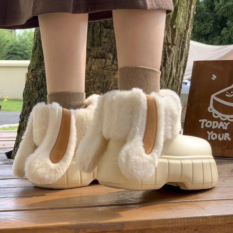 Women Boots Cute Rabbit Ears Detachable Washable Cotton Shoes For Women Autumn And Winter Plushed Warm Waterproof Snow Boots