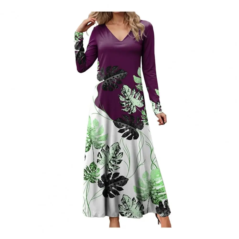 

Leaf Print Long Sleeve Dress Leaf Print V Neck Maxi Dress Soft Breathable A-line Ankle Length Spring Fall Pullover for Women