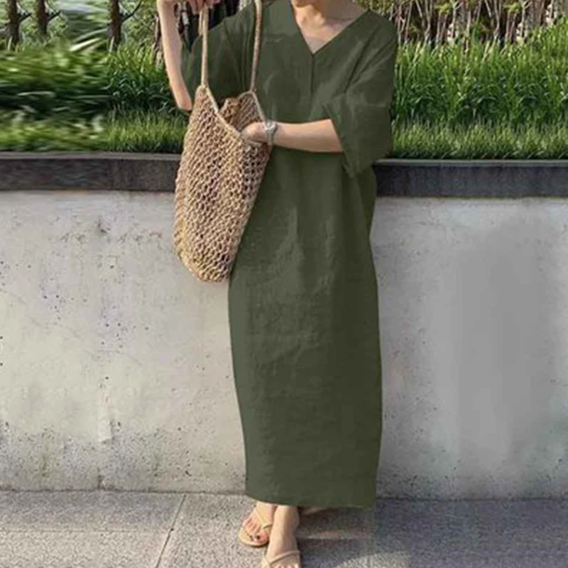 

Women's 2023 Summer Fashion Short Sleeve V-Neck Elegant Tank Top Dress Women's Casual Solid Color Loose Long Dress Women